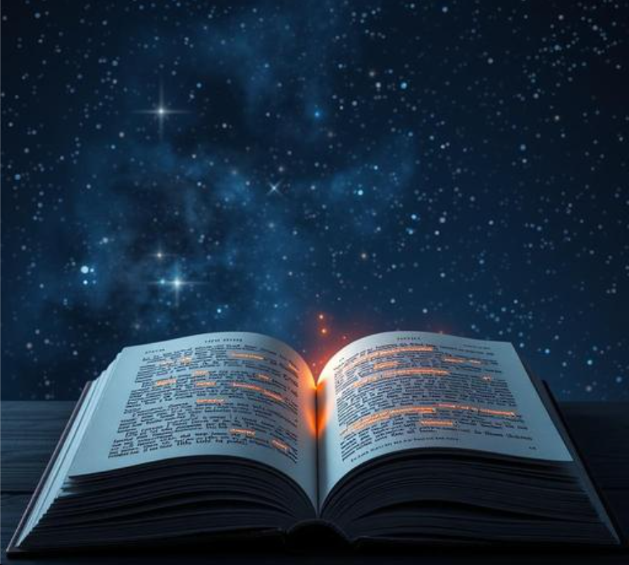 An open book with glowing digital text fading into a starry night sky, representing human legacy.